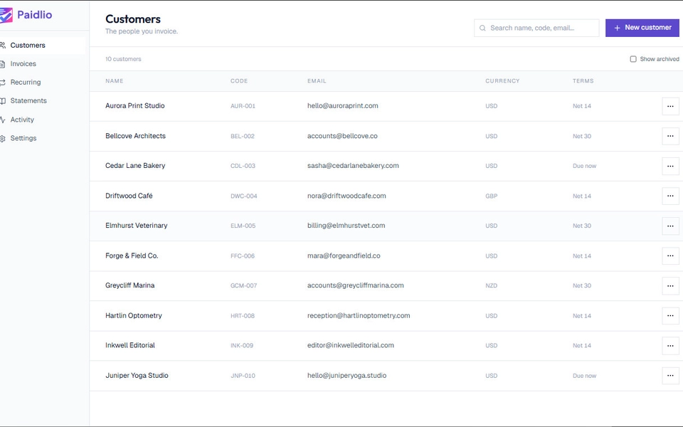 Paidlio's Customers screen: a table of ten customers with their code, email, currency and payment terms, above a search box and a New customer button.