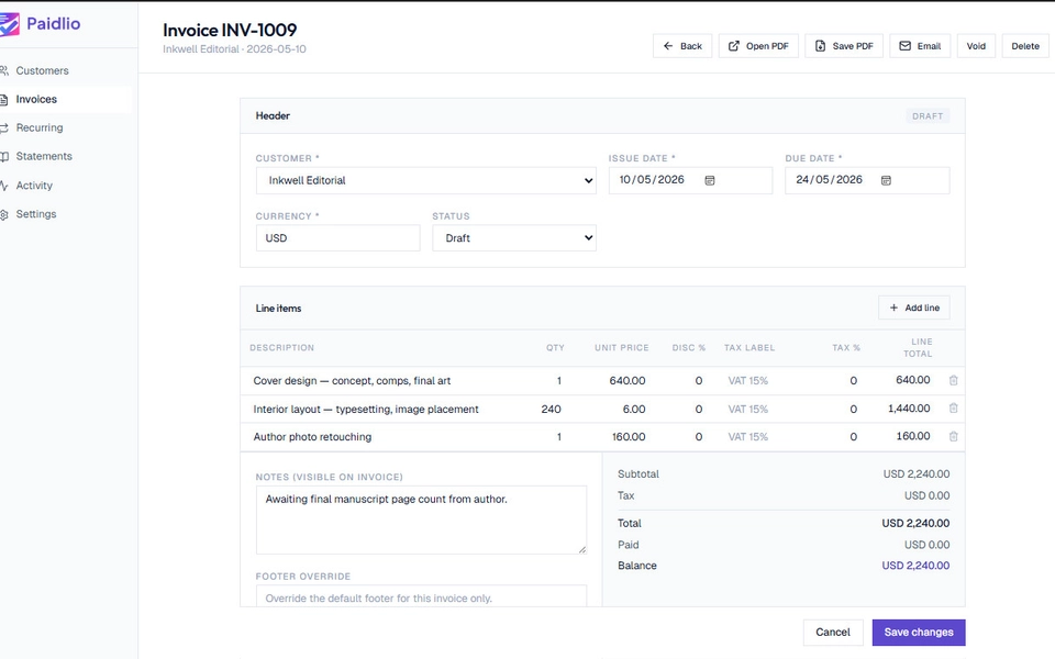 Paidlio's invoice editor: an invoice with customer, dates and currency, a table of line items showing quantity, unit price, tax and line totals, and a running subtotal, total and balance.