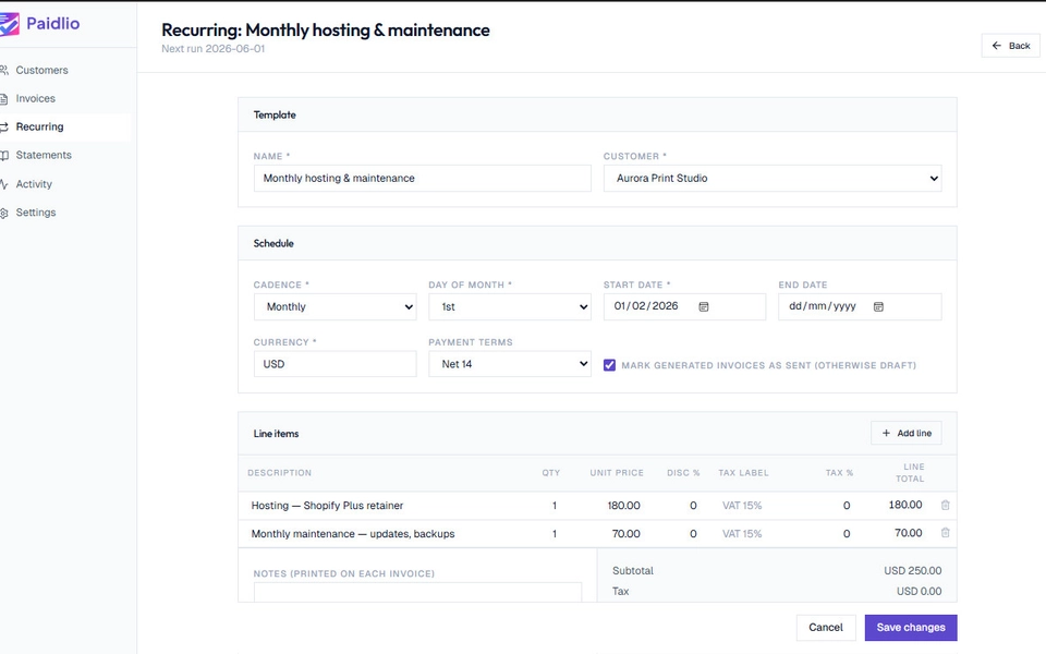Paidlio's recurring template editor: a monthly billing template with its schedule, cadence and payment terms, and the line items added to each invoice it generates.